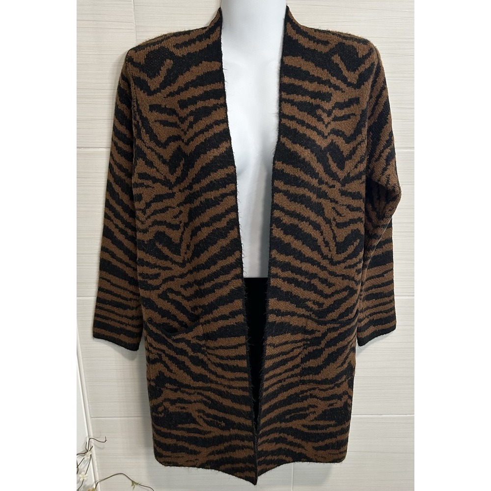 Nine West Tiger Print Longer Length Long Sleeve Open Front Cardigan Sweater, S